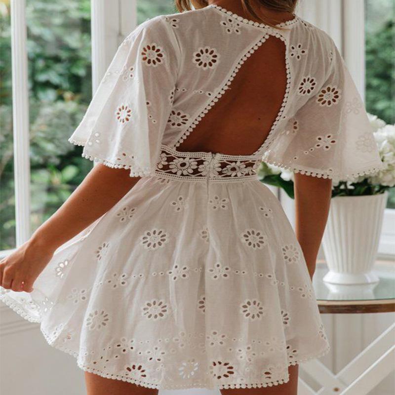 White Lace Backless Cutout High Waist Dress