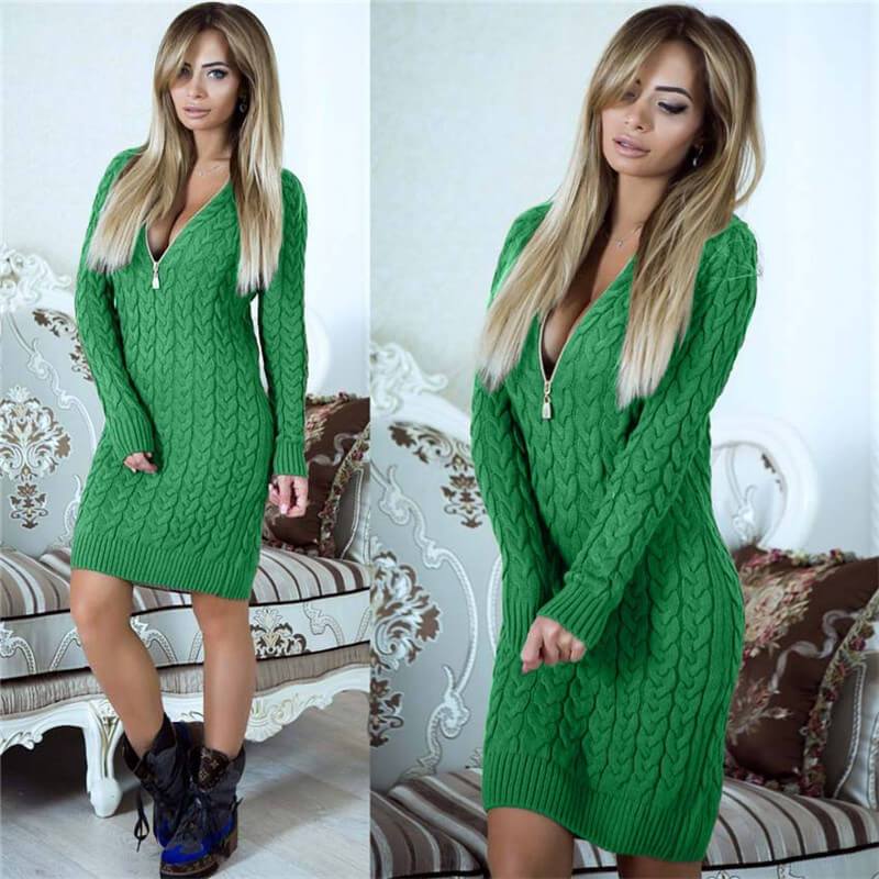 Zip-Up Cable Knit Sweater Dress