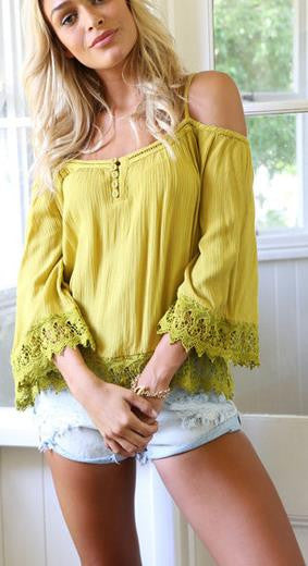 Off-shoulder Pure Color Lace Patchwork Casual Spaghetti Strap Blouse - Oh Yours Fashion - 1