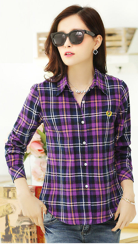 Plaid Turn-down Collar Flower Print Long Sleeves Slim Button Blouse - Oh Yours Fashion - 1