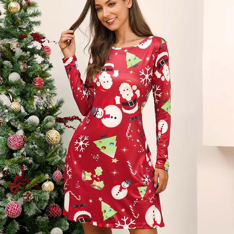 Christmas Scoop Neck Cartoon Print Short Dress