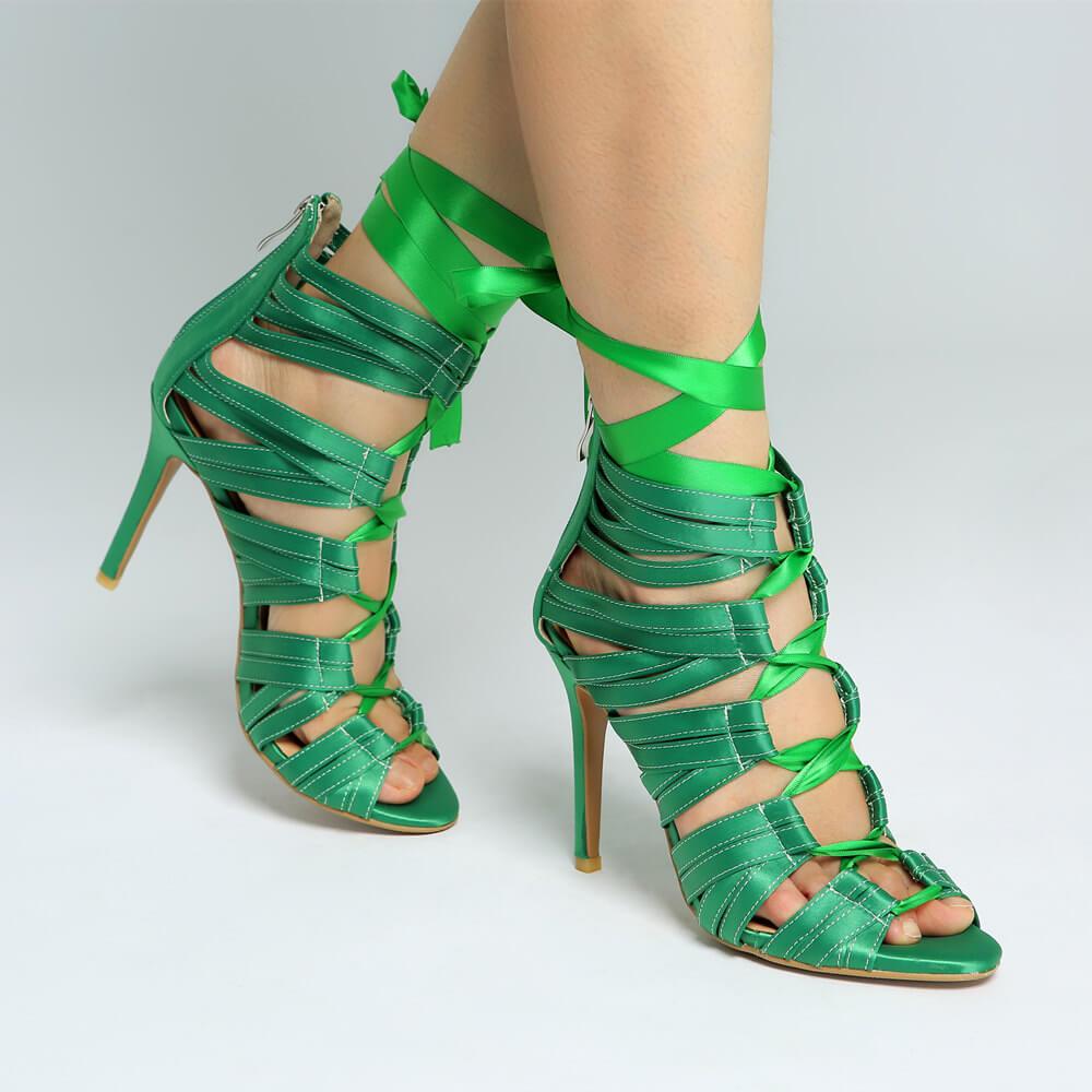 Green Strap Lace Up Cutout Sandals