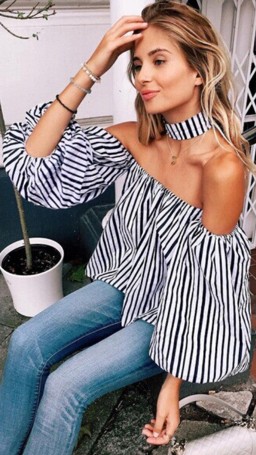 Off-shoulder Lantern 3/4 Sleeves Striped Sexy Blouse - Oh Yours Fashion - 2
