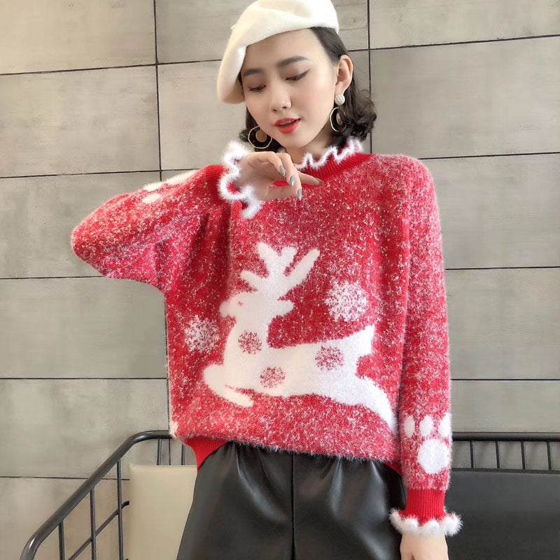 Fluffy Ruffle Reindeer Christmas Sweater