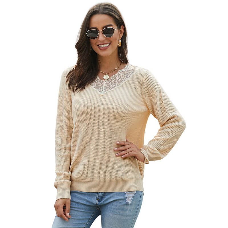 V-neck Ribbed Lace Pullover Sweater