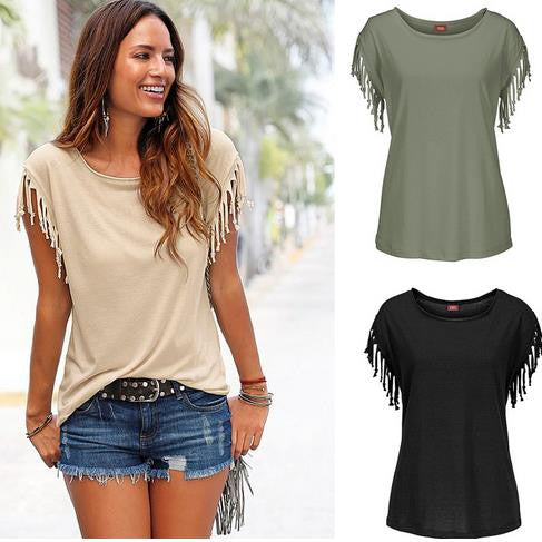 Scoop Sleeveless Tassel Casual Pure Color Blouse - Oh Yours Fashion - 1