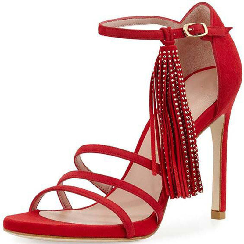 Sexy Red Suede Fringe Buckle High Heel Sandals