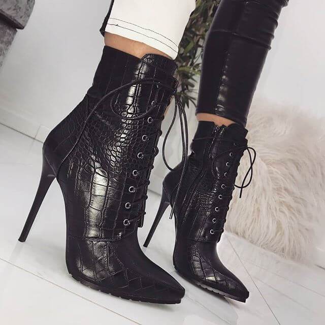 Black Lace Up High Heel Pointed Calf Boots