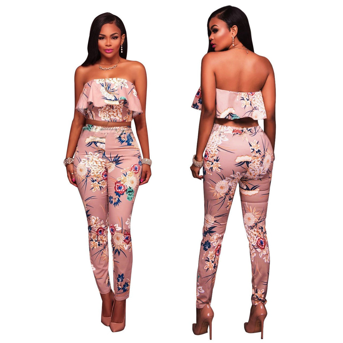 Strapless Ruffles Print Crop Top with High Waist Skinny Long Pants Two Pieces Set
