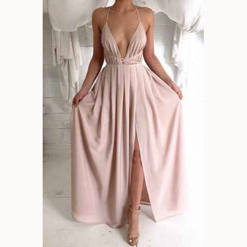 Spaghetti V-neck Backless Solid Color Long Dress - Oh Yours Fashion - 1