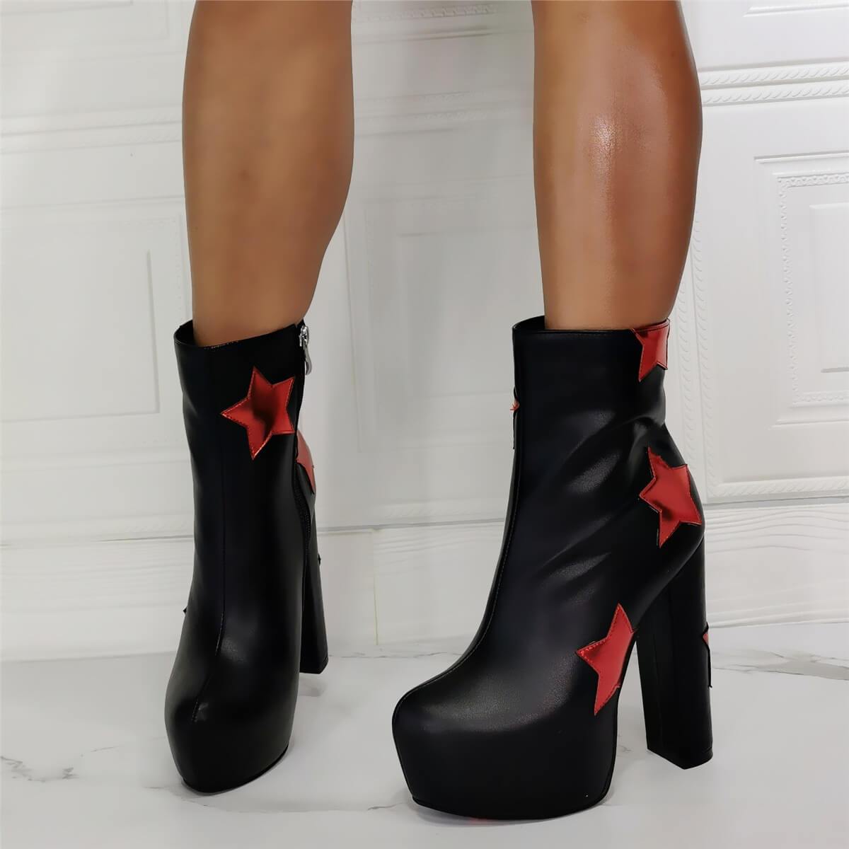 Black PU Platform Star High Heel Ankle Boots
