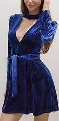 Sexy Blue V Halter Pleuche Belt Dress - Oh Yours Fashion - 2