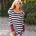 Striped Scoop Long Sleeves Patchwork Navy Irregular T-shirt - OhYoursFashion - 1