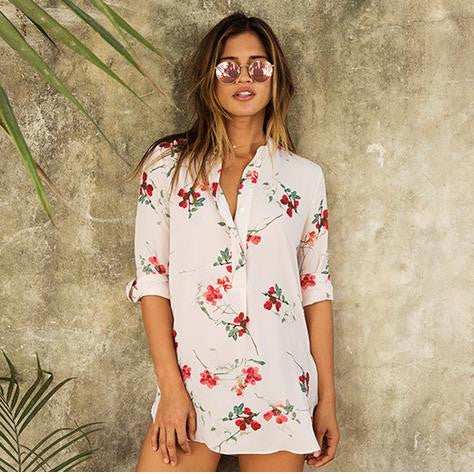 Flower Print Turn-down Collar Middle Sleeves Chiffon Blouse - Oh Yours Fashion - 1
