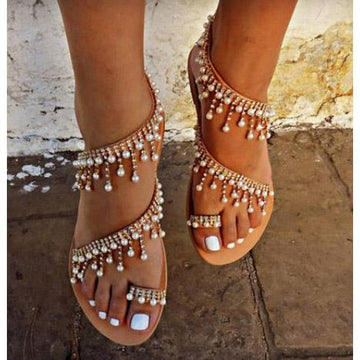 Pearl Thong Pure Color Flat Ankle Strap Women Beach Sandals