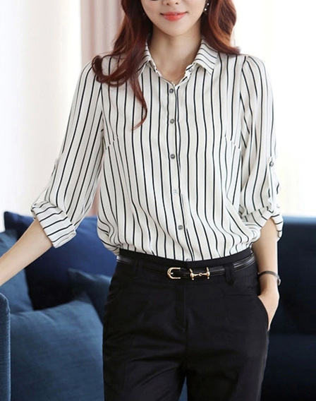 Striped Turn-down Collar Long Sleeves Slim Plus Size Chiffon Blouse - Oh Yours Fashion - 1