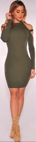 Dew Shoulder Long Sleeves Short Bodycon Dress - Oh Yours Fashion - 2