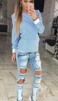 Striped Irregular Hollow Out Sexy Backless Back Cross Blouse - OhYoursFashion - 2
