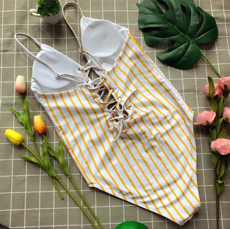 Yellow Stripe Strappy High Cut Cutout Swimsuits