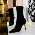 Black Suede Point Toe Zipper High Heel Calf Boots