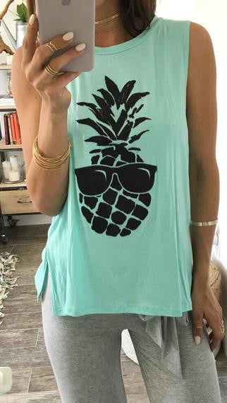 Scoop Sleeveless Pineapple Print Split Casual Vests - Oh Yours Fashion - 2