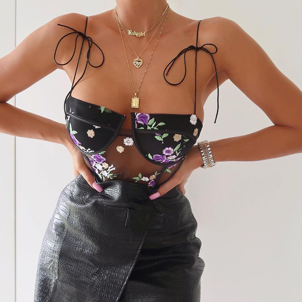 Sexy Mesh Sleeveless Spaghetti Strap Embroidery Bodysuits