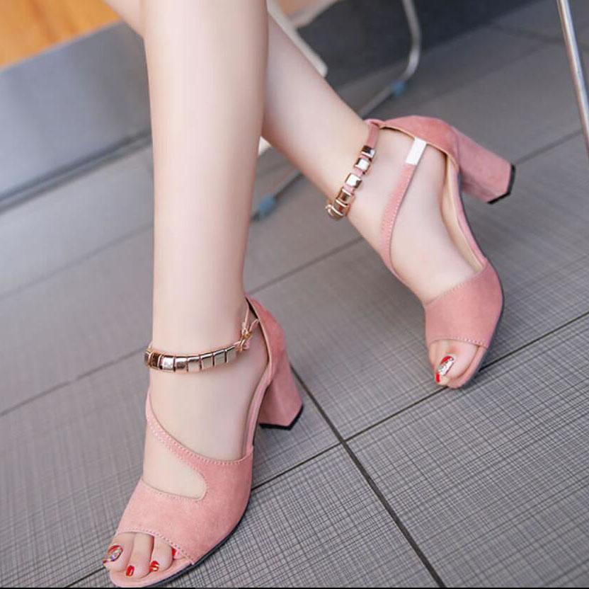 Open Toe Ankle Beadings Decoration Middle Chunky Heel Sandals