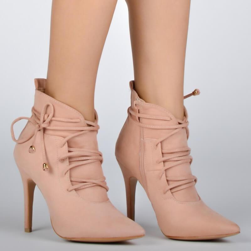 Pink Lace Up High Heel Suede Ankle Boots