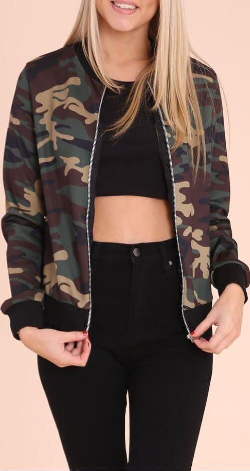 Camouflage Zippered Scoop Short Coat - Oh Yours Fashion - 1