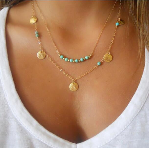 Double Layers Bright Turquoise Necklace - Oh Yours Fashion - 1