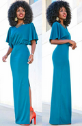 Pure Color Slit O-neck Short Sleeve Long Dress - Oh Yours Fashion - 1