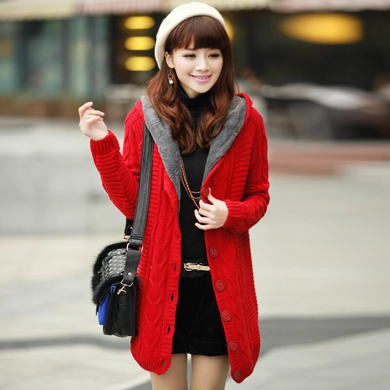 Cable Knitted Hooded Sweater Cardigan Coat