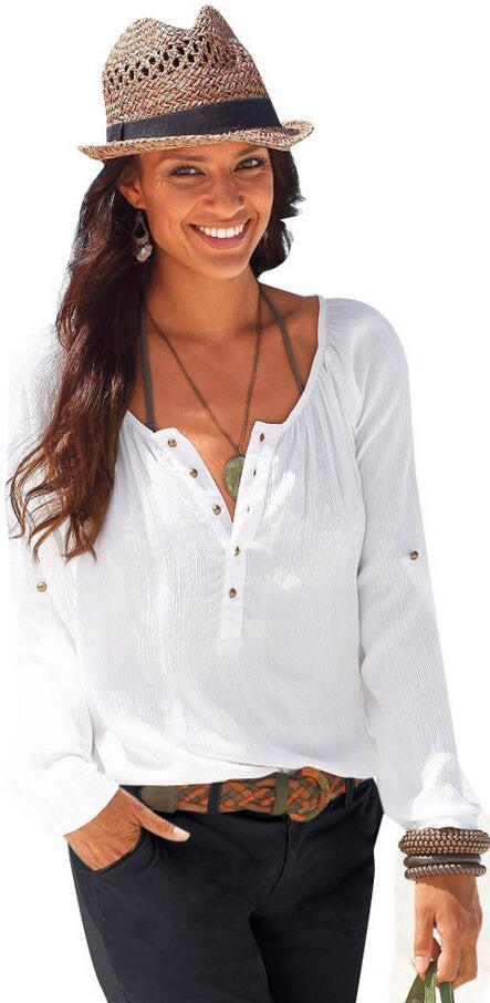 Fashion Long Sleeve V Neck Pure Color Loose Shirt Blouse - Oh Yours Fashion - 1