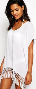 Halter V-neck White Tassels Short Cover Up Beach Dress