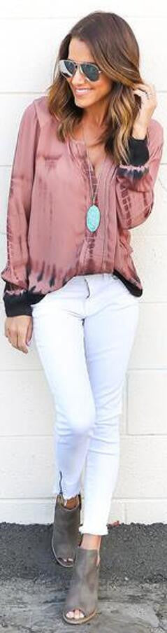 Fashion Pink Tie-Dye Leaking Print Long Sleeve Blouse - Oh Yours Fashion - 1