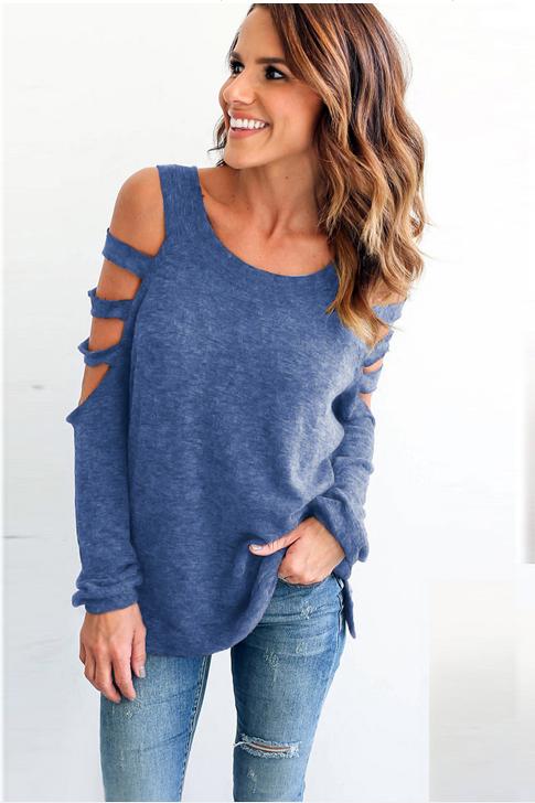 Pure Color Cut Out Long Sleeves Blouse