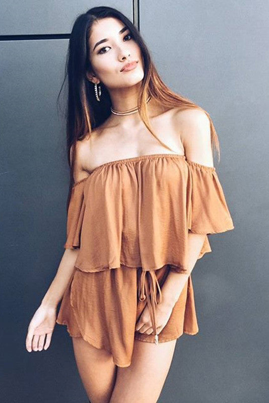 Pure Color Strapless Half Flare Sleeves Short Backless Jumpsuit