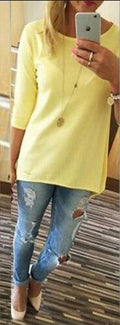 Candy Color 3/4 Sleeve Scoop Irregular T-shirt - Oh Yours Fashion - 2