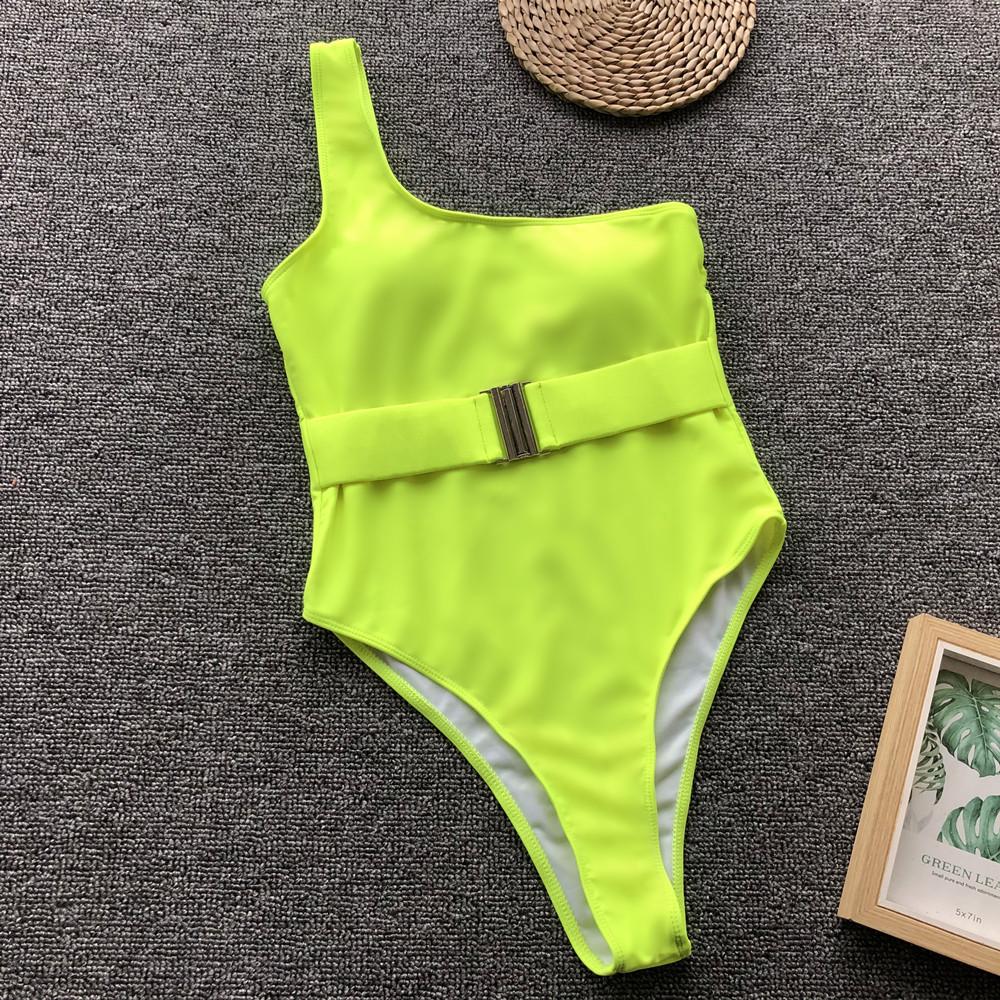 Yellow One Shoulder Buckle High Cut Swimsuit