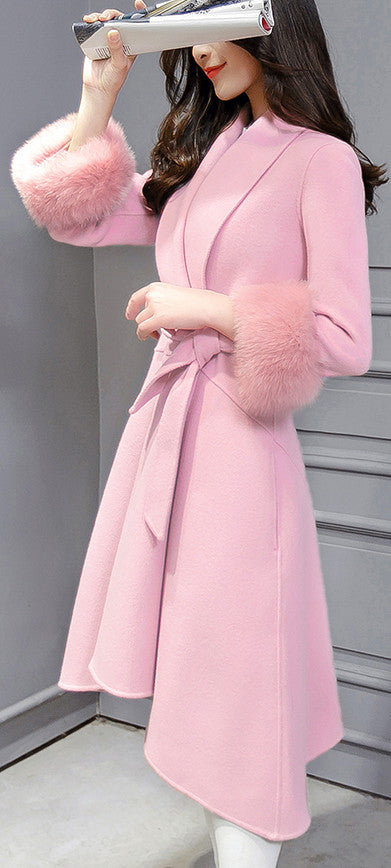 Fox Wool Sleeve Edge Turn-down Collar Long Coat With Belt - Oh Yours Fashion - 1