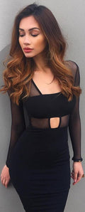 Black Mesh Patchwork Hollow Out Bodycon Knee-length Dress - Oh Yours Fashion - 2