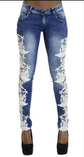 Lace Patchwork Hollow Skinny Straight High Waist Jeans - OhYoursFashion - 3
