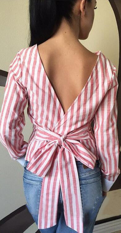Sexy Backless Stripe Lace Up Flax Blouse - Oh Yours Fashion - 1