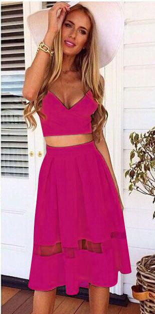 Spaghetti Strap Patchwork Crop Top with Long Skirt Two-piece Dress - OhYoursFashion - 8