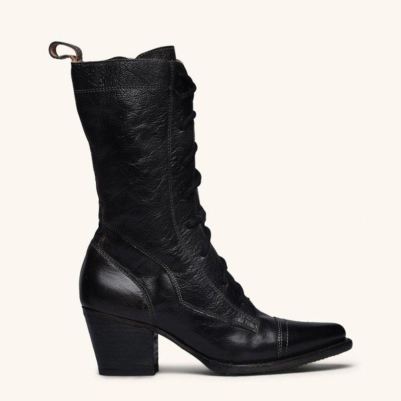 Casual Leather Strap Chunky Heel Calf Boots