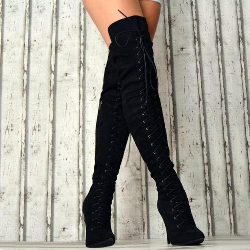 Scrub Point Toe High Heel Strap Over Knee Boots