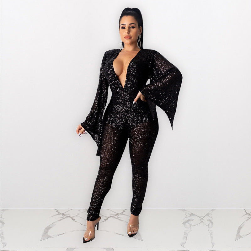 Sequin Long Wide Sleeves Bodycon Skinny V Neck Jumpsuits