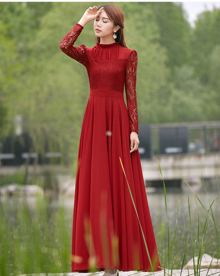 Charming Long Lace Sleeves Pleated Chiffon Long Red Maxi Dress - O Yours Fashion - 2