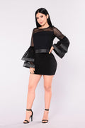Transparent Long Trumpet Sleeves Blouse with Short Bodycon Skirt Two Pieces Set
