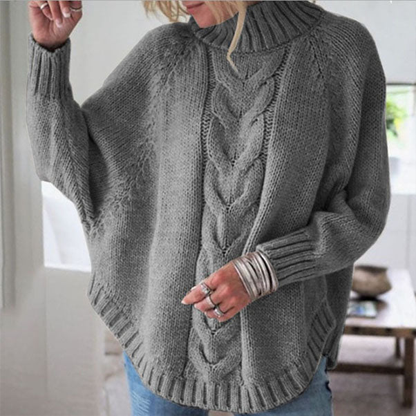 Loose Turtleneck Batwing Sleeve Cable Knitted Sweater